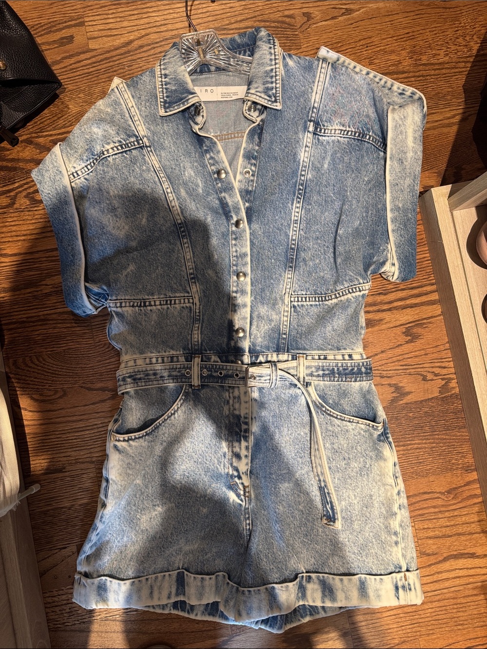 IRO Light Wash Acid Denim Romper with Belt